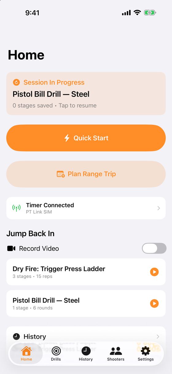 Home screen with Quick Start, Plan Range Trip, timer status and Jump Back In with a Record Video switch