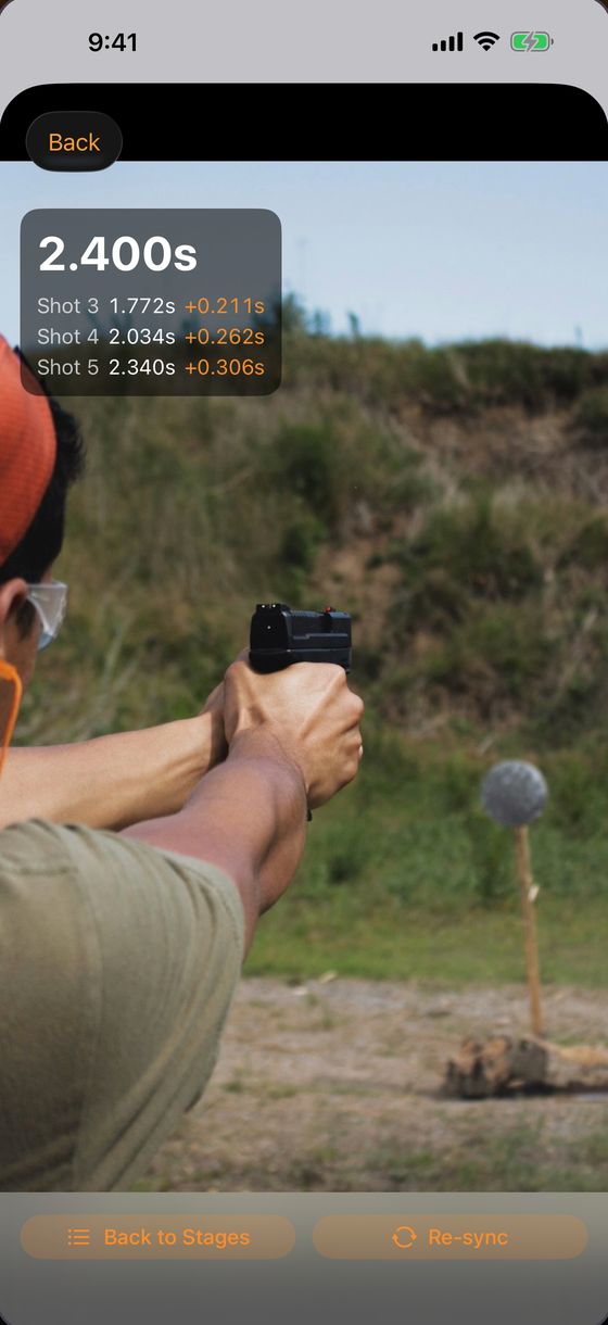 Video of a shooter with the total time and splits on screen